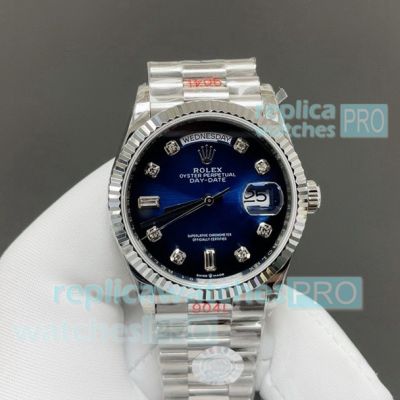 Swiss Clone Rolex Day-Date 3255 Automatic Blue Diamond Dial Stainless Steel Watch 36mm 